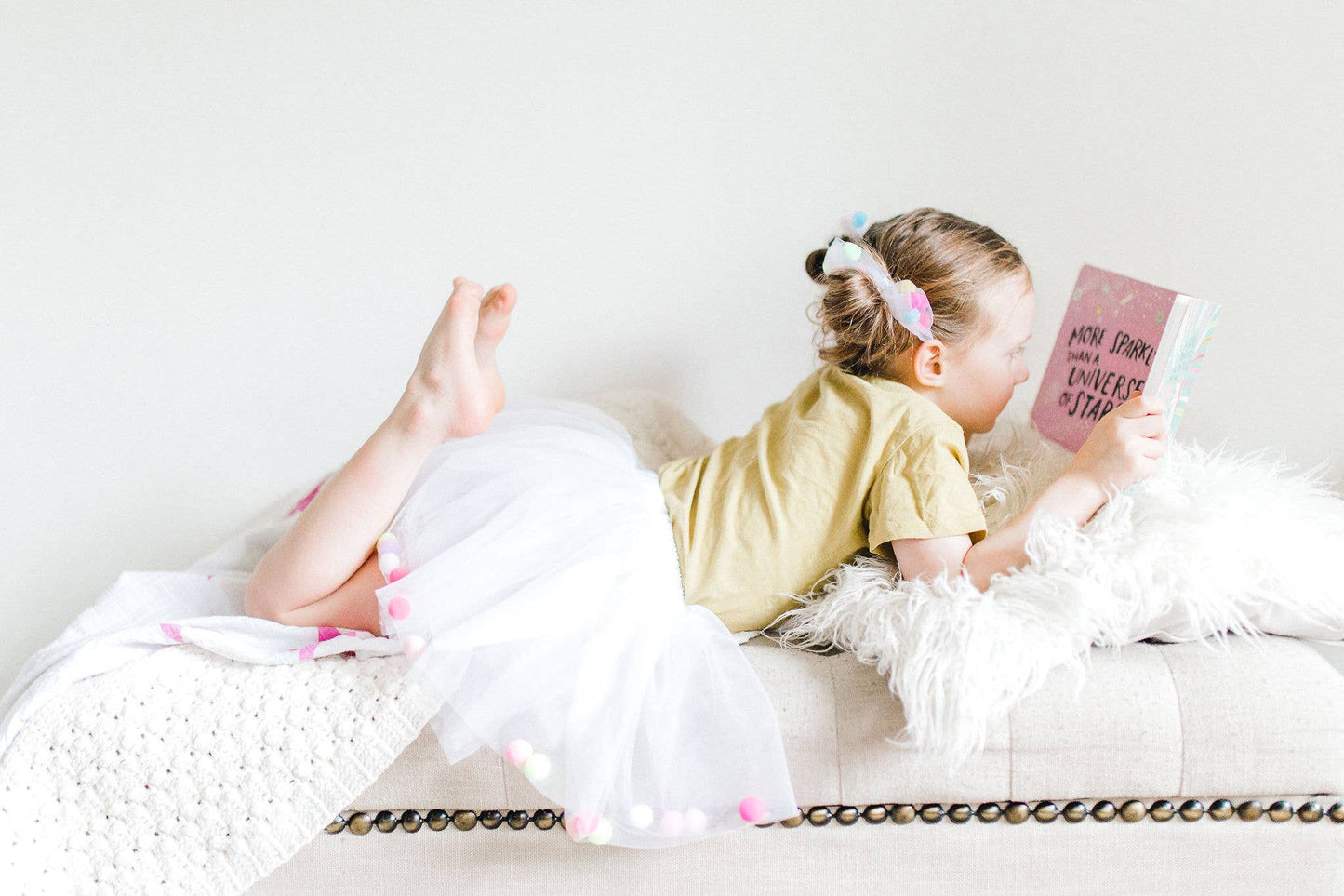 Pom Pom Tutu With Bow Hair Tie - 2Pcs Set | White