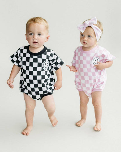 Short Sleeve Bubble Romper | Checkered Smiley Black