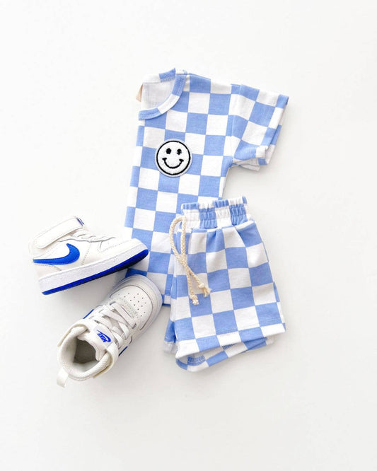 Lucky Panda Kids - Checkered Shorts Set | Blue: 2T