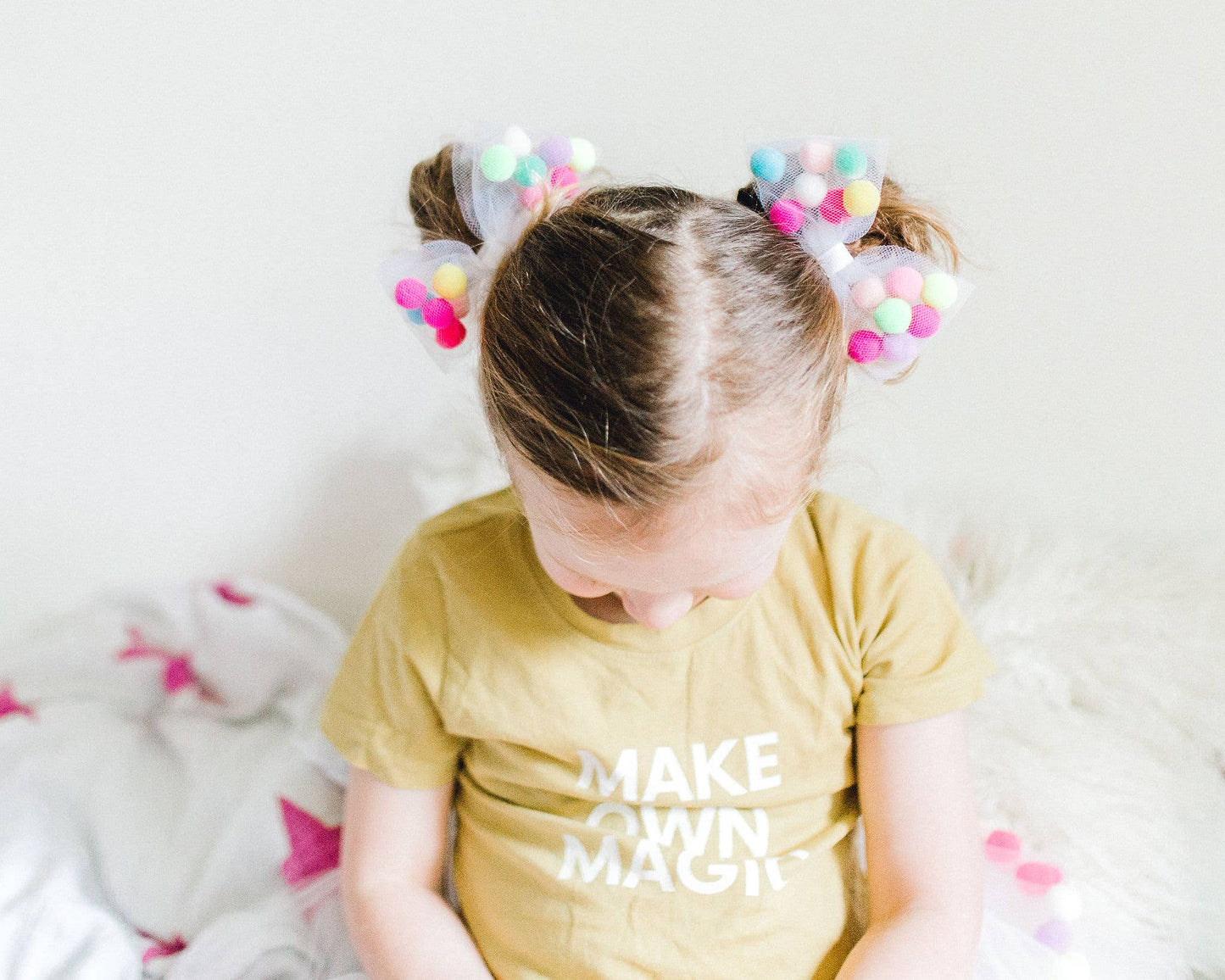 Pom Pom Tutu With Bow Hair Tie - 2Pcs Set | White