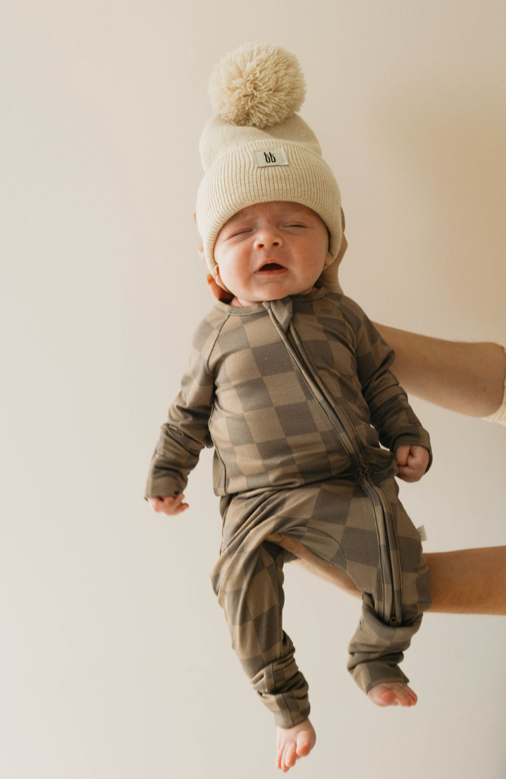 Forever French Baby - Faded Brown Checkerboard  | Bamboo Zip Pajamas