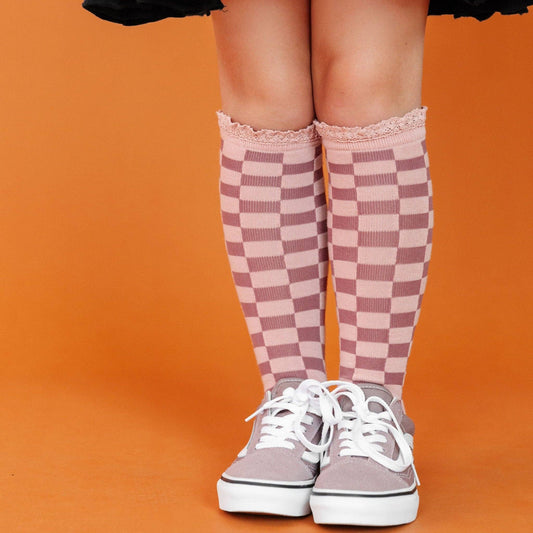 Little Stocking Co. - Checkered Lace Top Knee High Socks - Blush/Rose