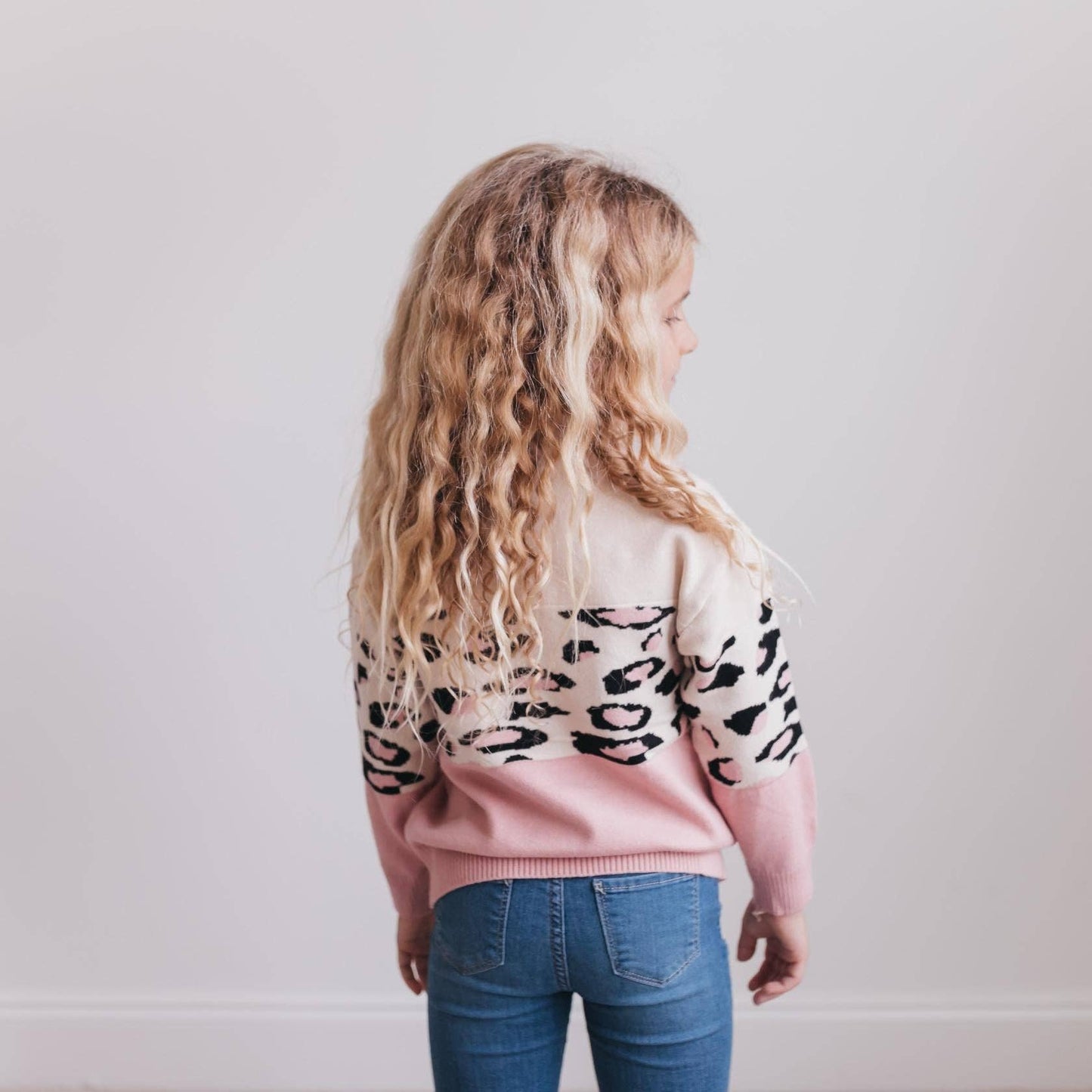 Pink Cream Leopard Crew Neck Fall Winter Sweater