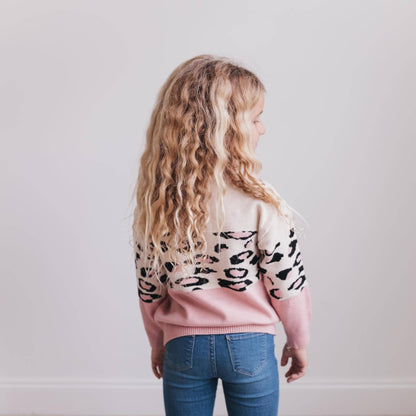 Pink Cream Leopard Crew Neck Fall Winter Sweater