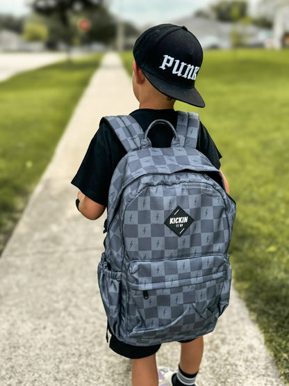 Kickin it up Socks - Gray Check Bolt Full Size Backpack