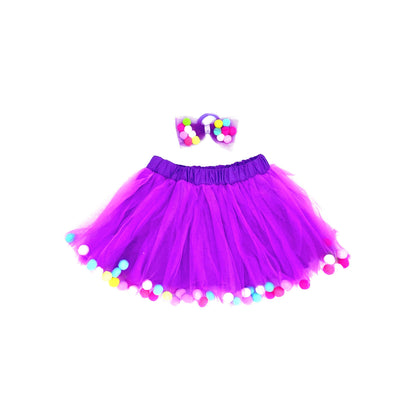 Purple Kids Skirt | Pom Pom Tutu & Bow Hair Tie | 2Pcs Set: Purple