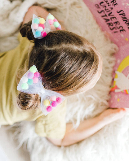 Pom Pom Tutu With Bow Hair Tie - 2Pcs Set | White