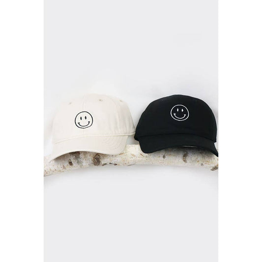 Smiley Face Embroidered Baseball Cap: BEIGE