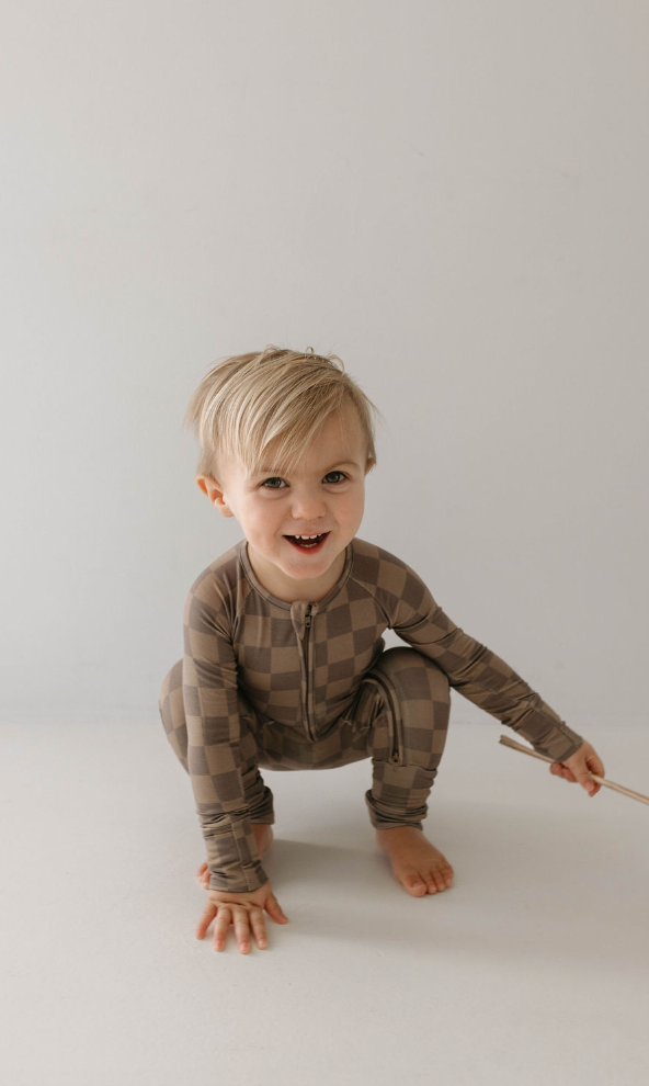 Forever French Baby - Faded Brown Checkerboard  | Bamboo Zip Pajamas