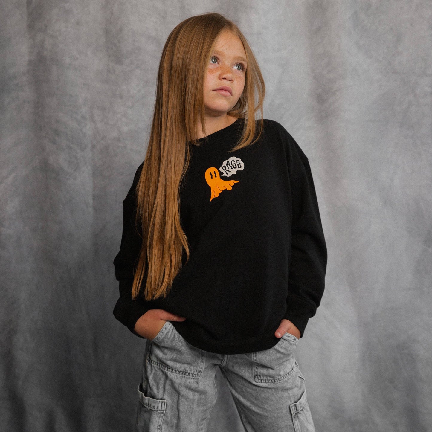 RAGS - Drop Shoulder Kids Sweatshirt - 'Stay Spooky' - Asphalt