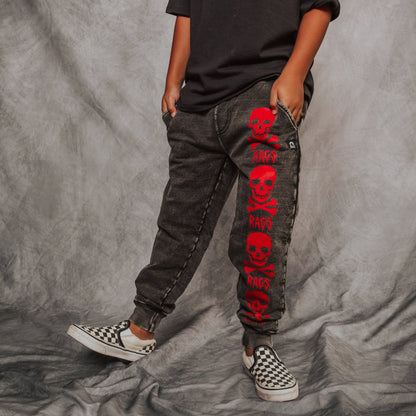 RAGS - Relaxed Fit Joggers - 'Red Skulls' on Washed Denim