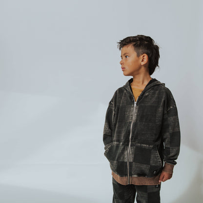 RAGS - Zip-Up Hoodie - Washed Black Denim Check