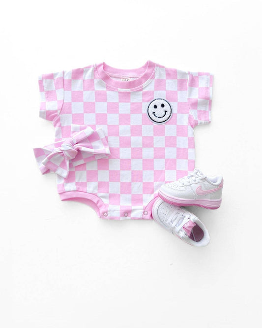 Lucky Panda Kids - Short Sleeve Bubble Romper | Checkered Smiley Pink