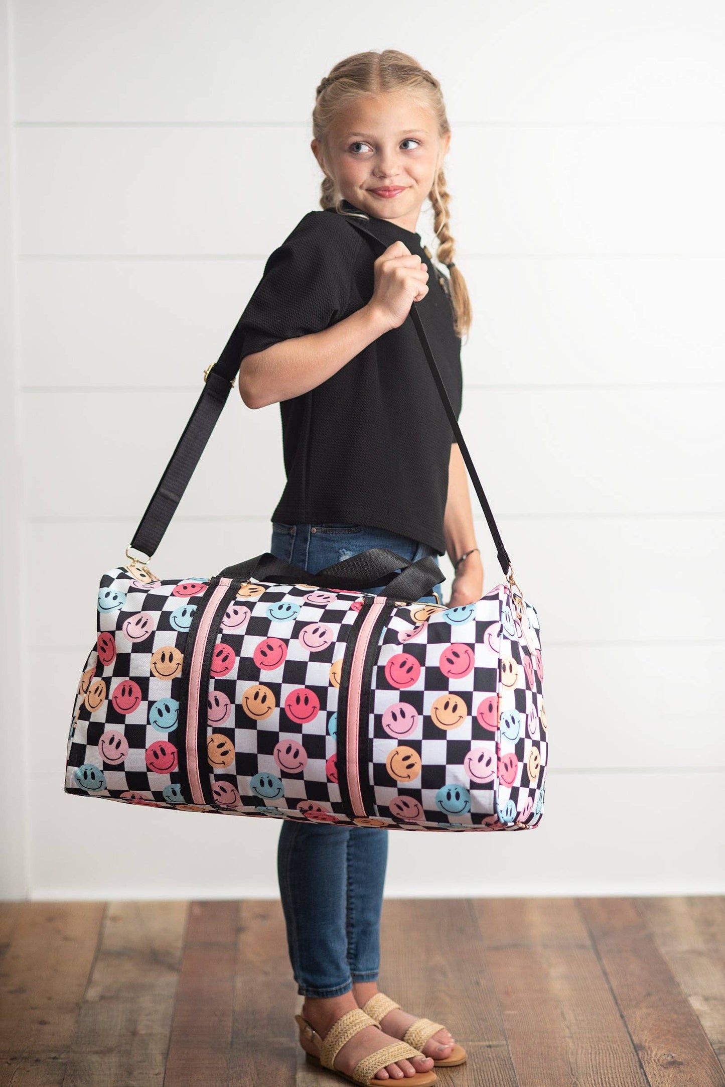 Kids Smiley Face Checkered Weekender Dance Travel Bag: One Size