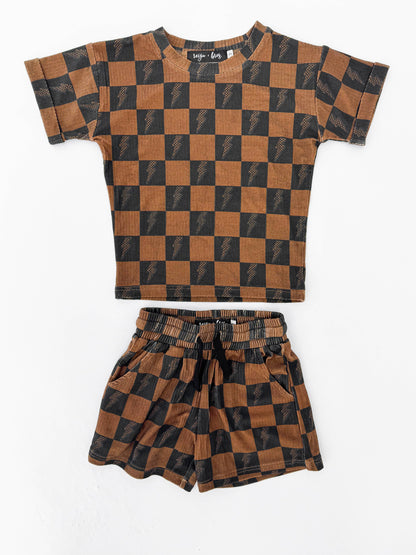 Brown Checkered Lightning Bolt Ribbed Lounge Short Set 