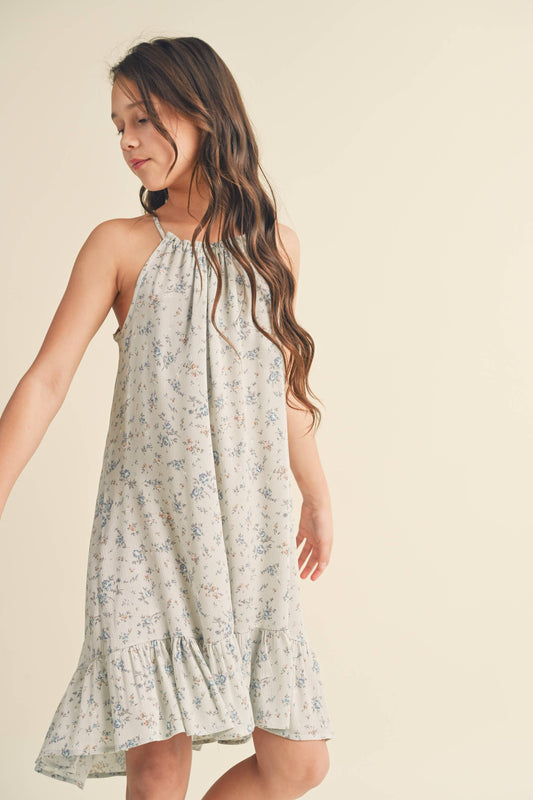 heart and arrow - TWEEN KIDS GIRLS HALTER FLOUNCE DRESS: Sage/stone blue