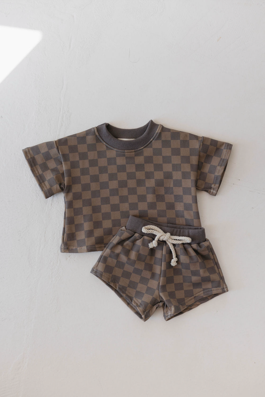 Forever French Baby - Faded Brown Checker Board | Two Piece Sweat Short Set
