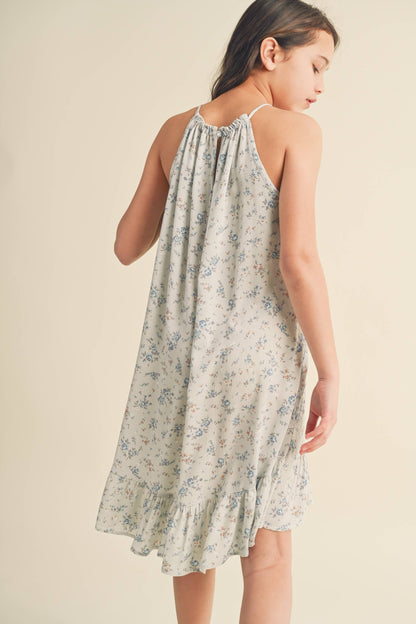 heart and arrow - TWEEN KIDS GIRLS HALTER FLOUNCE DRESS: Sage/stone blue