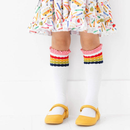 Little Stocking Co. - Rainbow Bubble Stripe Lace Top Knee High Socks