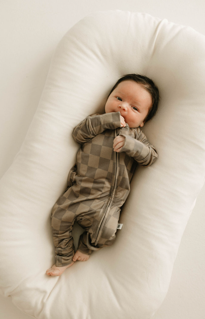 Forever French Baby - Faded Brown Checkerboard  | Bamboo Zip Pajamas