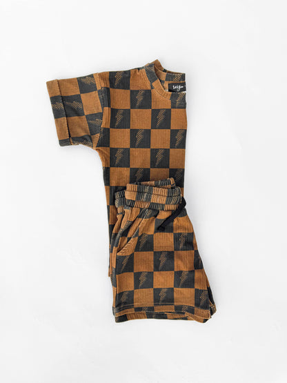 Brown Checkered Lightning Bolt Ribbed Lounge Short Set 