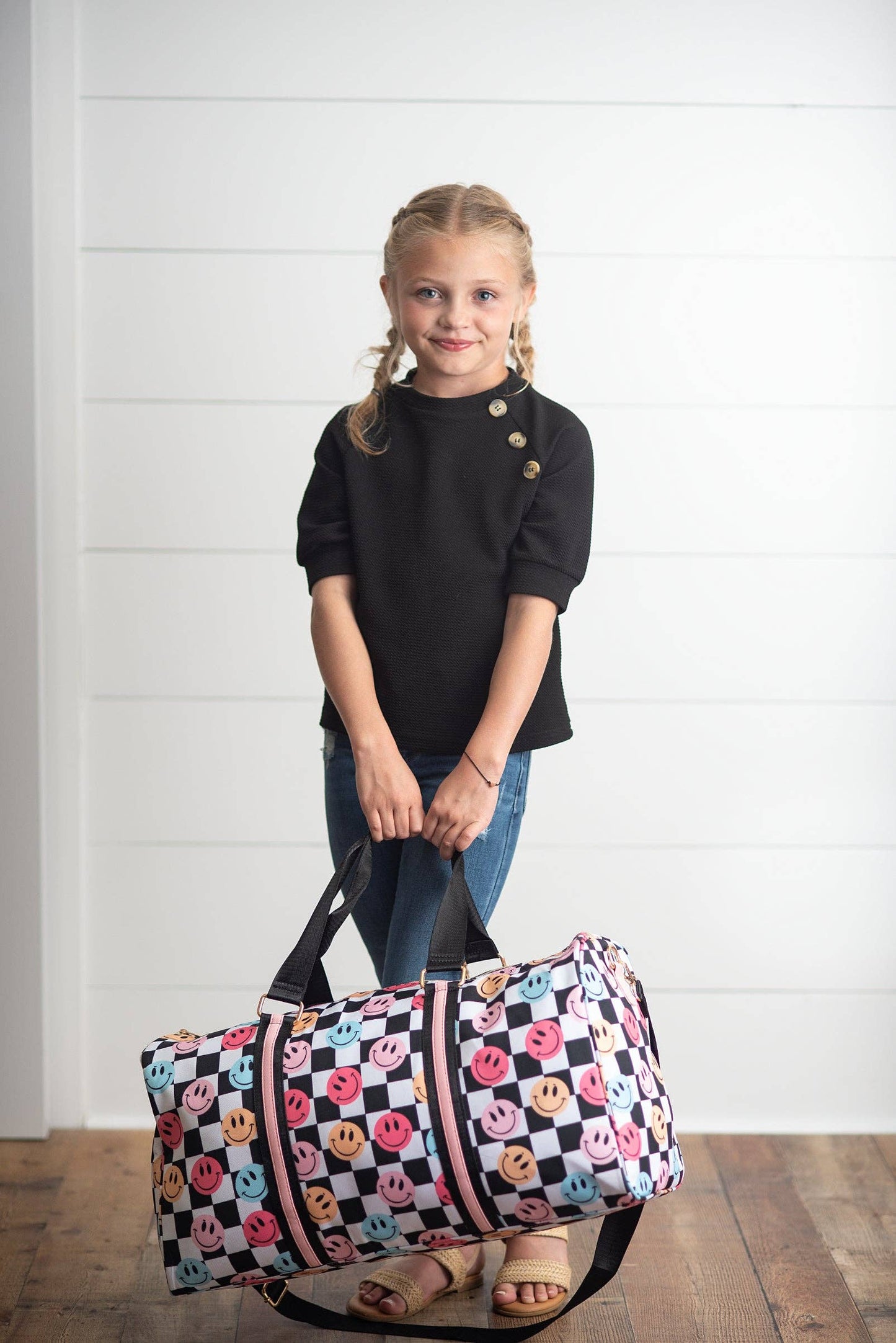 Kids Smiley Face Checkered Weekender Dance Travel Bag: One Size