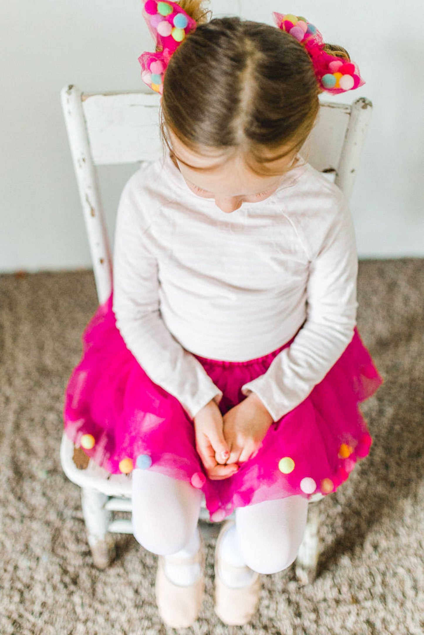 Hot Pink Pom Pom Tutu & Bow Hair Tie-Hot Pink Kids Skirt: Hot Pink/Fuchsia