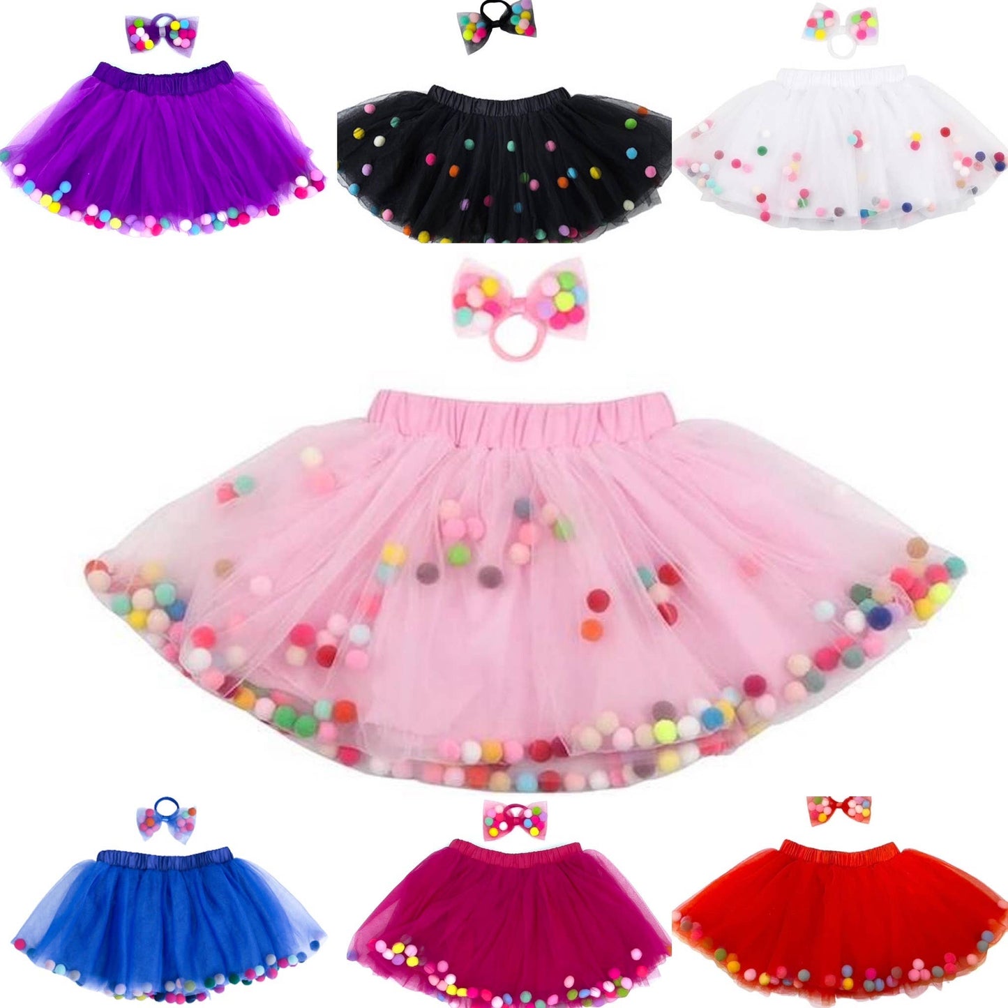 Tutu Skirt | Pom Pom Tutu & Bow Hair Tie 2PC Set | Pink