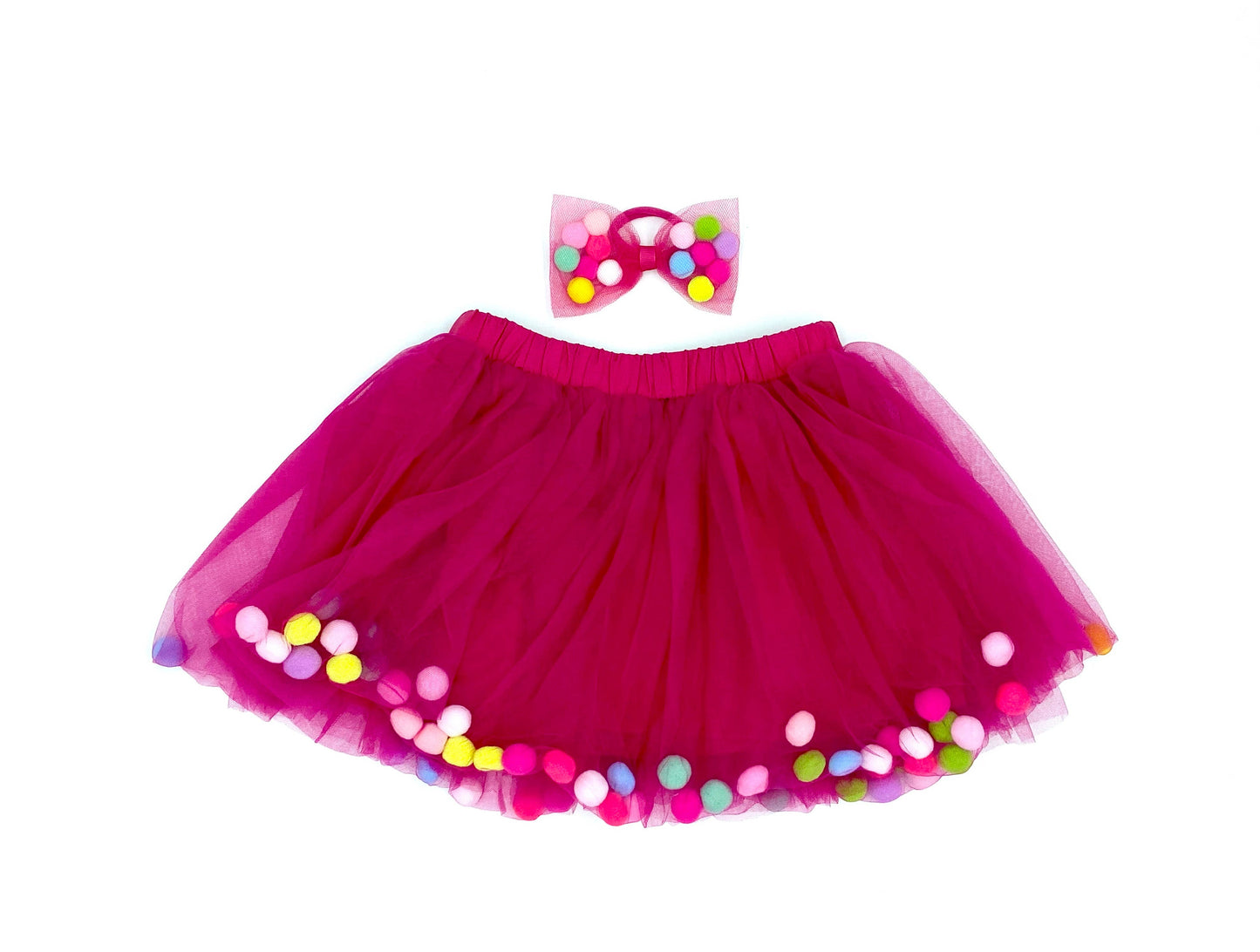 Hot Pink Pom Pom Tutu & Bow Hair Tie-Hot Pink Kids Skirt: Hot Pink/Fuchsia