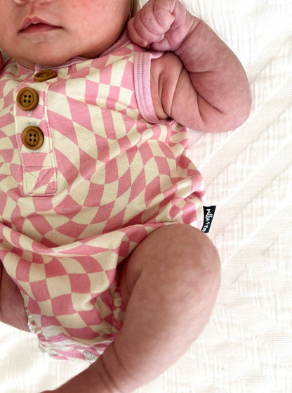 millie + roo - ORGANIC COTTON HENLEY ROMPER- Pink Dizzy Check