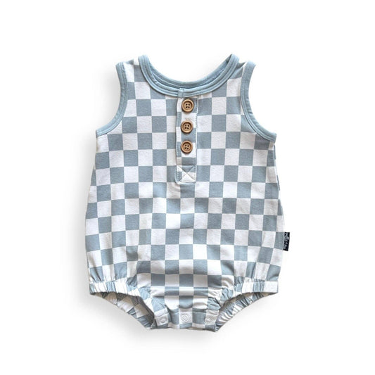 millie + roo - ORGANIC COTTON HENLEY ROMPER- Stone Check