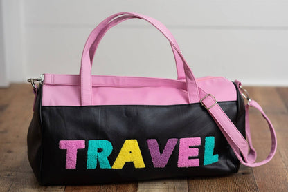 Kids Pink & Black Fuzzy Letter Weekender Travel Bag: One Size