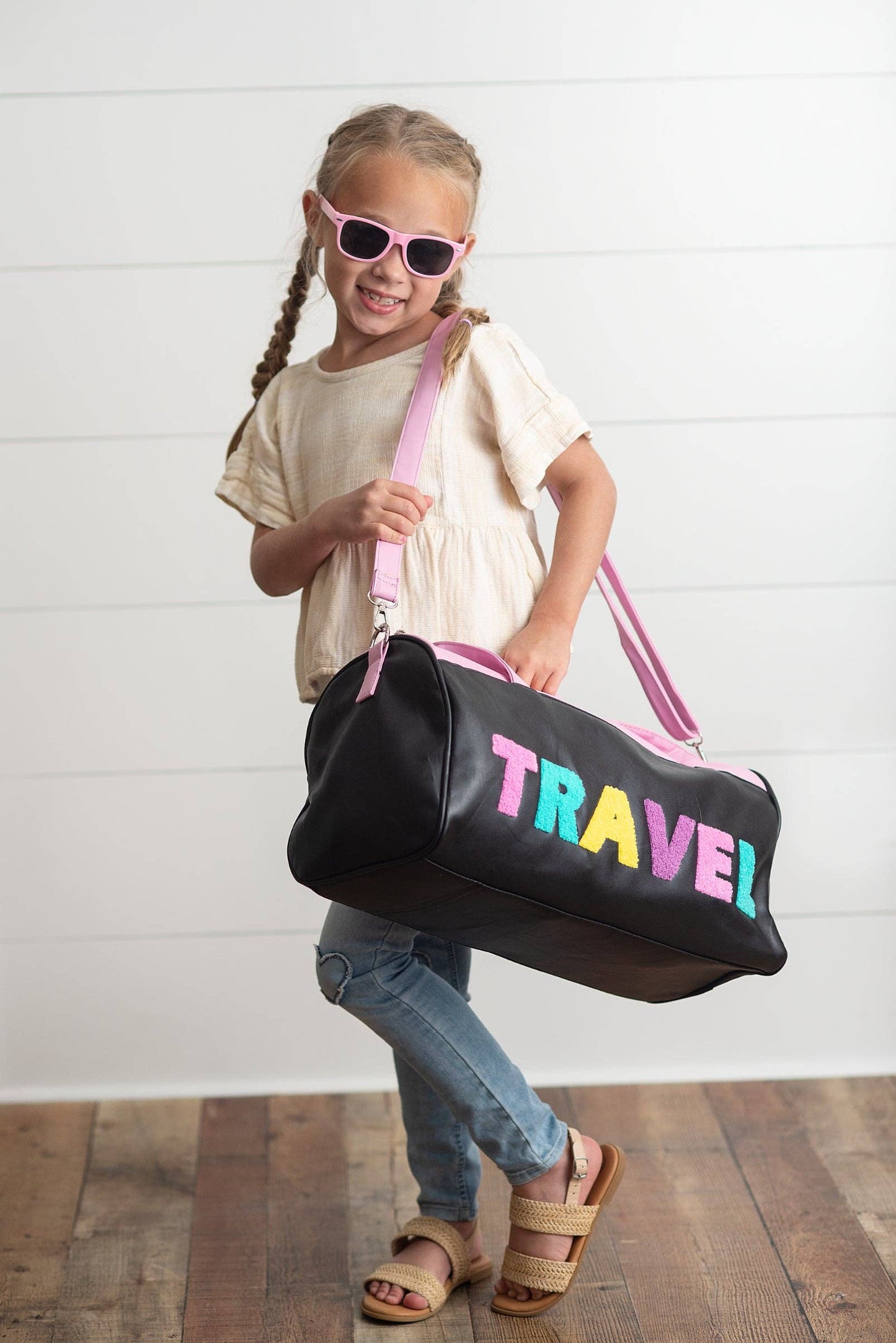 Kids Pink & Black Fuzzy Letter Weekender Travel Bag: One Size