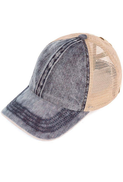 C.C Stone Washed Denim Criss Cross Kid Pony Cap