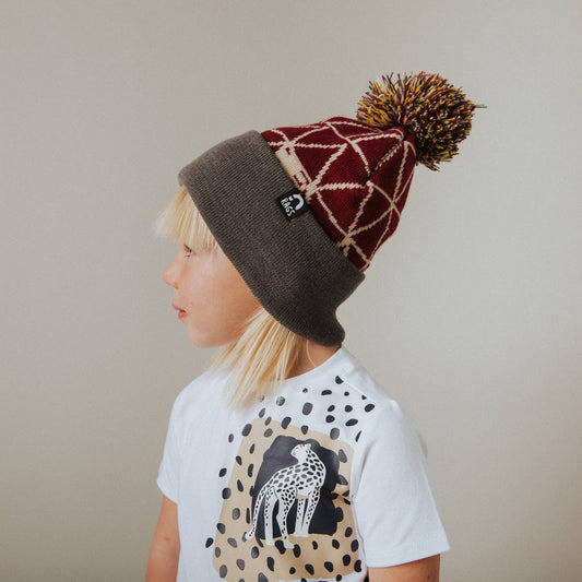 RAGS - Pom Beanie - 'Maroon Triangles'