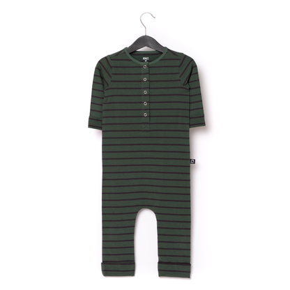 Essentials 3/4 Rolled Sleeve Henley Long Rag Romper - 'Sagebrush Stripe'