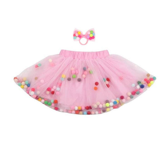 Tutu Skirt | Pom Pom Tutu & Bow Hair Tie 2PC Set | Pink