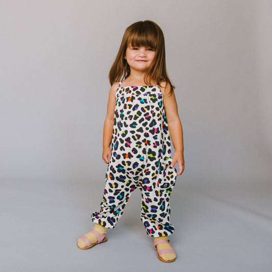 RAGS - Gathered Strappy Tank Rag Romper With Side Pockets - 'Neon Leopard'