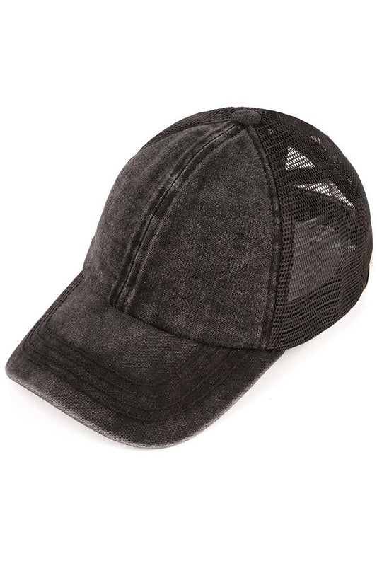 C.C Stone Washed Denim Criss Cross Kid Pony Cap