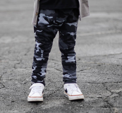 millie + roo - HAREM PANTS- Dusty Black Camo Stretch French Terry