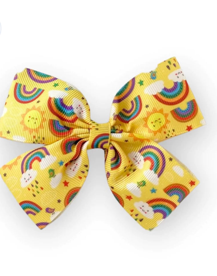 Yellow Sunshine & Rainbows CrissCross Twirly Dress with Matching Bow