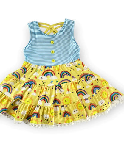 Yellow Sunshine & Rainbows CrissCross Twirly Dress with Matching Bow