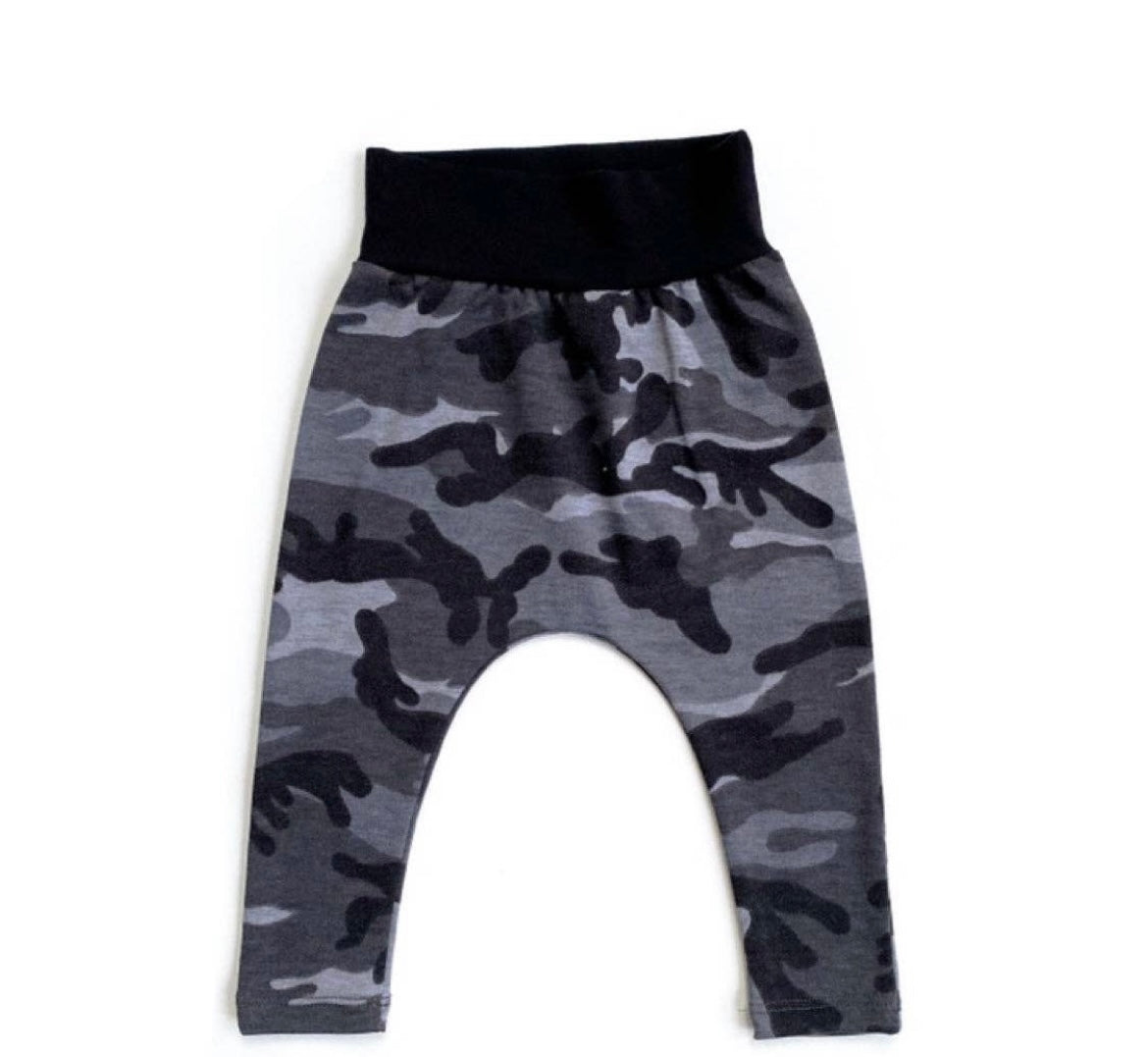 millie + roo - HAREM PANTS- Dusty Black Camo Stretch French Terry