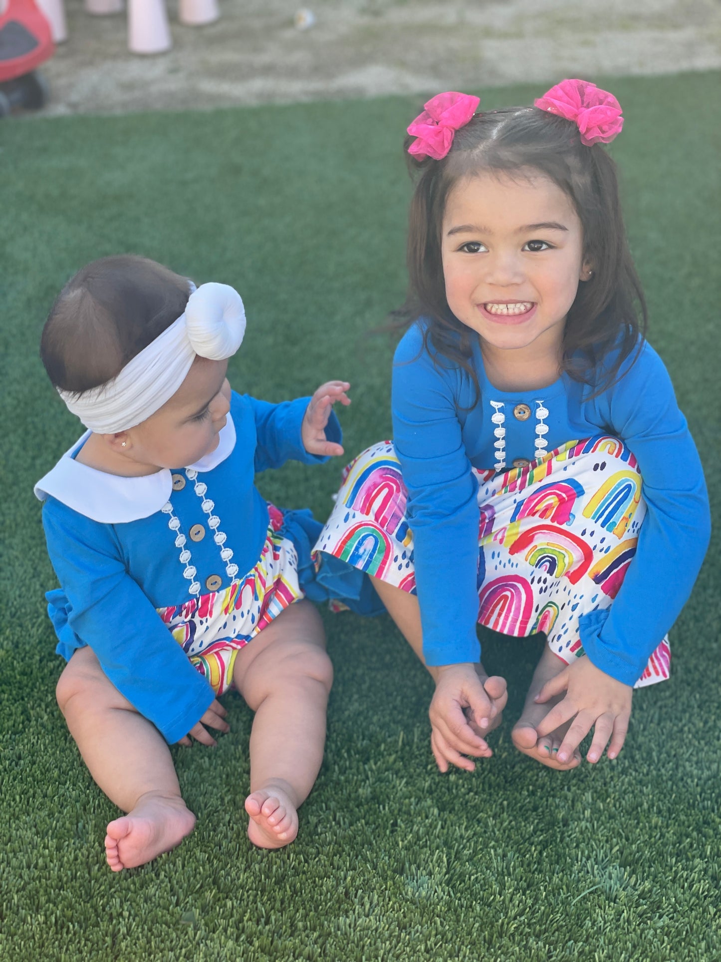 Sweetheart Tie Back Ruffle Dress - Bright Blue and Rainbow