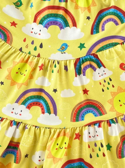 Yellow Sunshine & Rainbows CrissCross Twirly Dress with Matching Bow