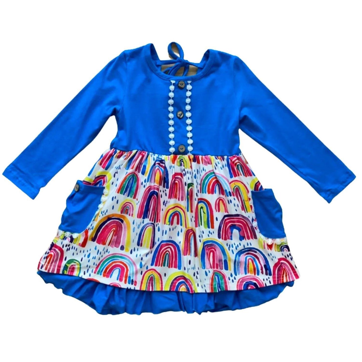 Sweetheart Tie Back Ruffle Dress - Bright Blue and Rainbow