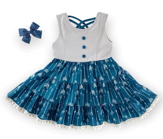 Striped Arrows Criss Cross Twirly Dress with Matching Bow