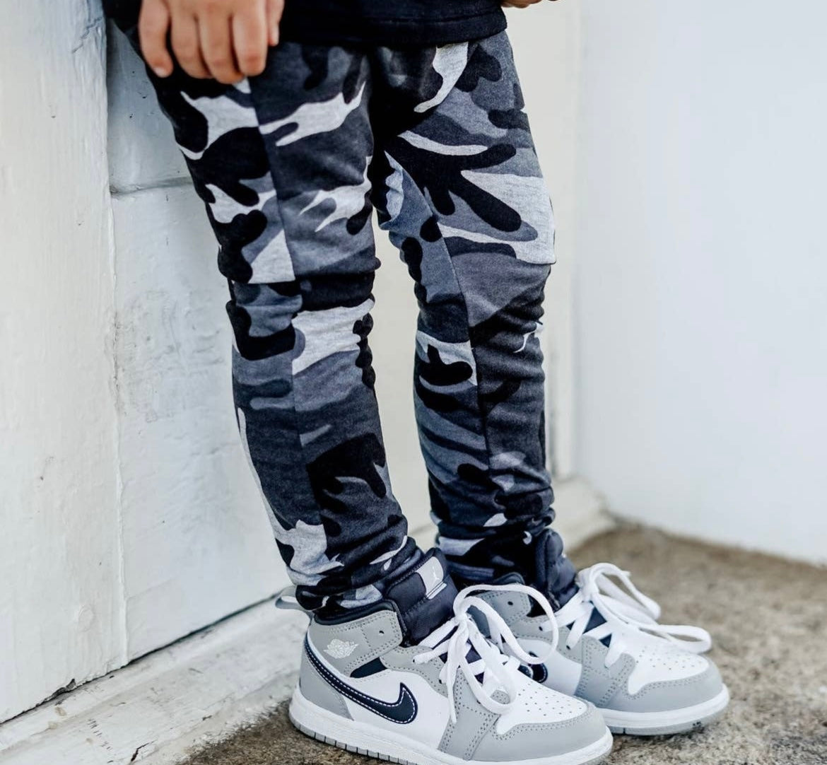 millie + roo - HAREM PANTS- Dusty Black Camo Stretch French Terry