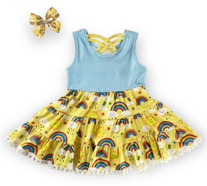 Yellow Sunshine & Rainbows CrissCross Twirly Dress with Matching Bow